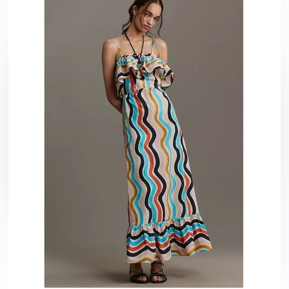NWT Farm Rio Women’s Ruffle Colorful Cotton Maxi Dress Sz Small Boho Resortwear - Picture 1 of 15